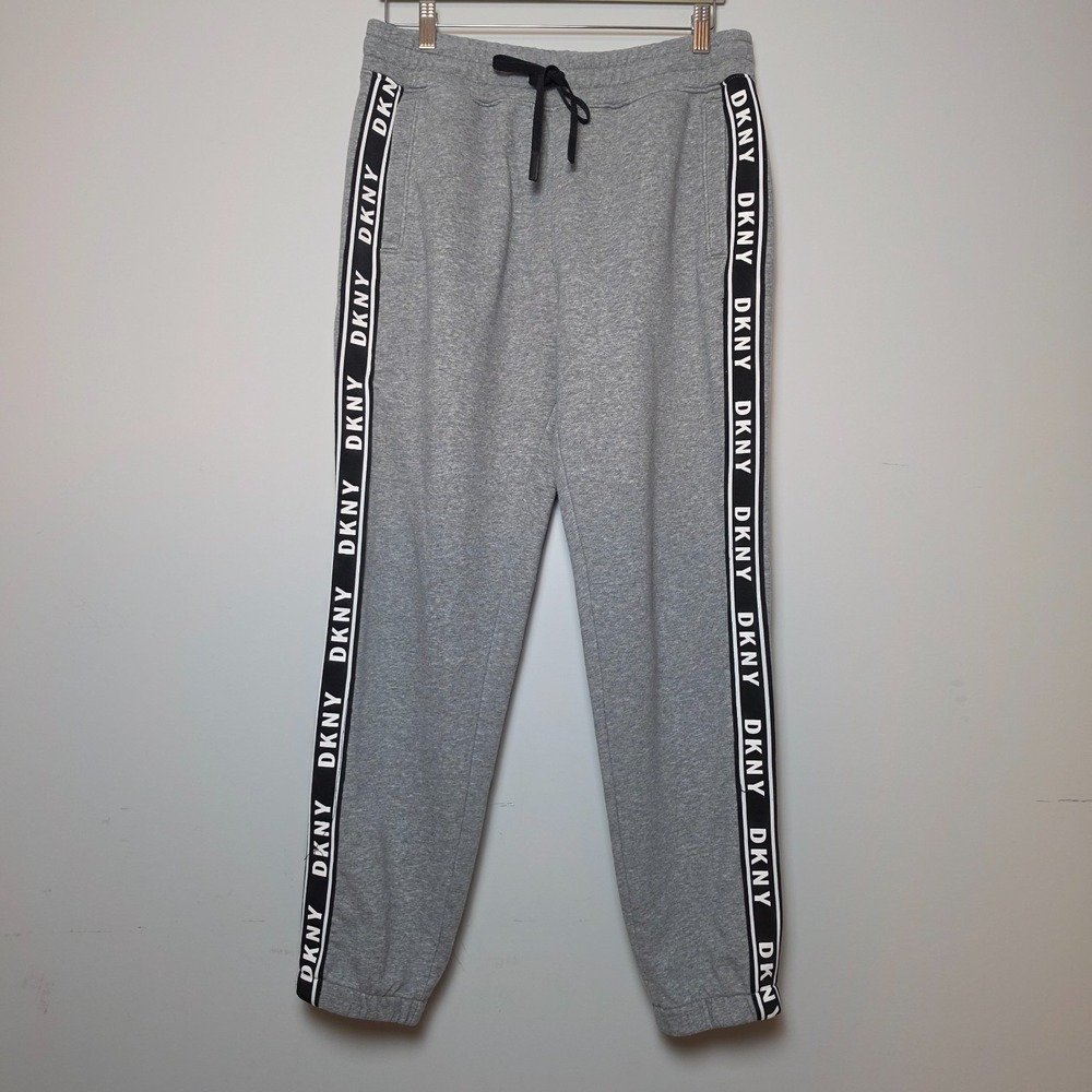 DKNY Logo Tape Side Stripe Heather Gray Jogger Sweatpants Size Medium